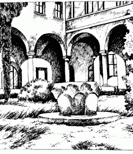 Coloriage : Dans le monastère, jardin du cloitre
