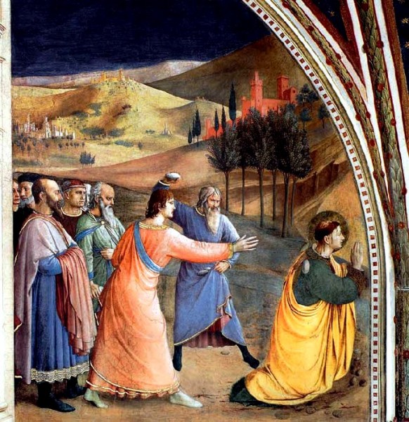 Lapidation de saint Etienne, hors des murs de Jérusalem, Saint Paul tient les vêtements - Fra Angelico