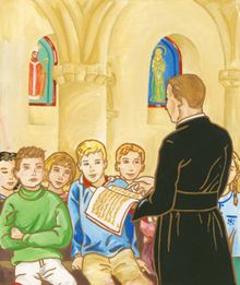 Histoire pour la jeunesse - pretre faisant le Catéchisme aux garçons
