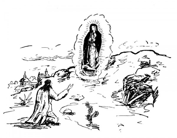 Coloriage image sainte pour le caté : Apparition de ND de Gadeloupe à Juan