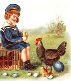 Petit garçon et sa poule noire avec les oeufs de Pâques