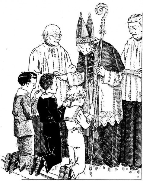 Coloriage de confirmation - l'évêque confirme des enfants