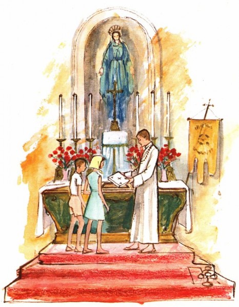 Les enfants suivent les explications du pretre - Pierre d'autel contenant les reliques