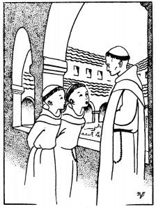 Cloître du monastère à colorier - Les garçons interrogent le moine