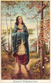  sainte Kateri Tekakwitha prie dans la forêt du Canada