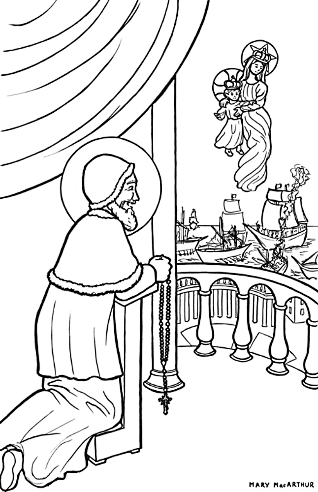 Coloriage pour les enfants - Saint Pie V et le chapelet et la Victoire de Lépante