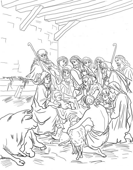 Coloriage de Noël - Jesus et adoration des bergers