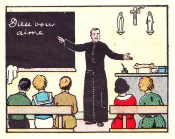 Monsieur le Curé donnant le cours de catéchisme aux enfants