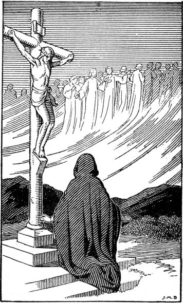 Benoîte, prosternée au pied de la croix d'Avançon, prie pour les âmes du purgatoire.
