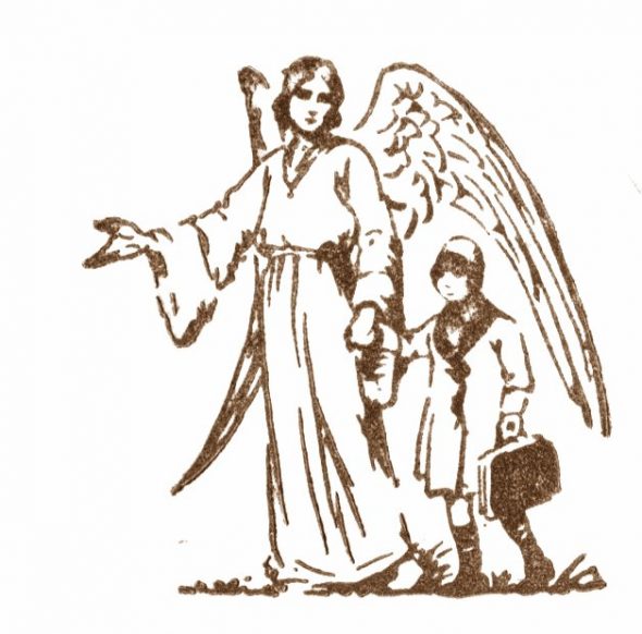 Ange gardien et un enfant sur le chemin de l'école.