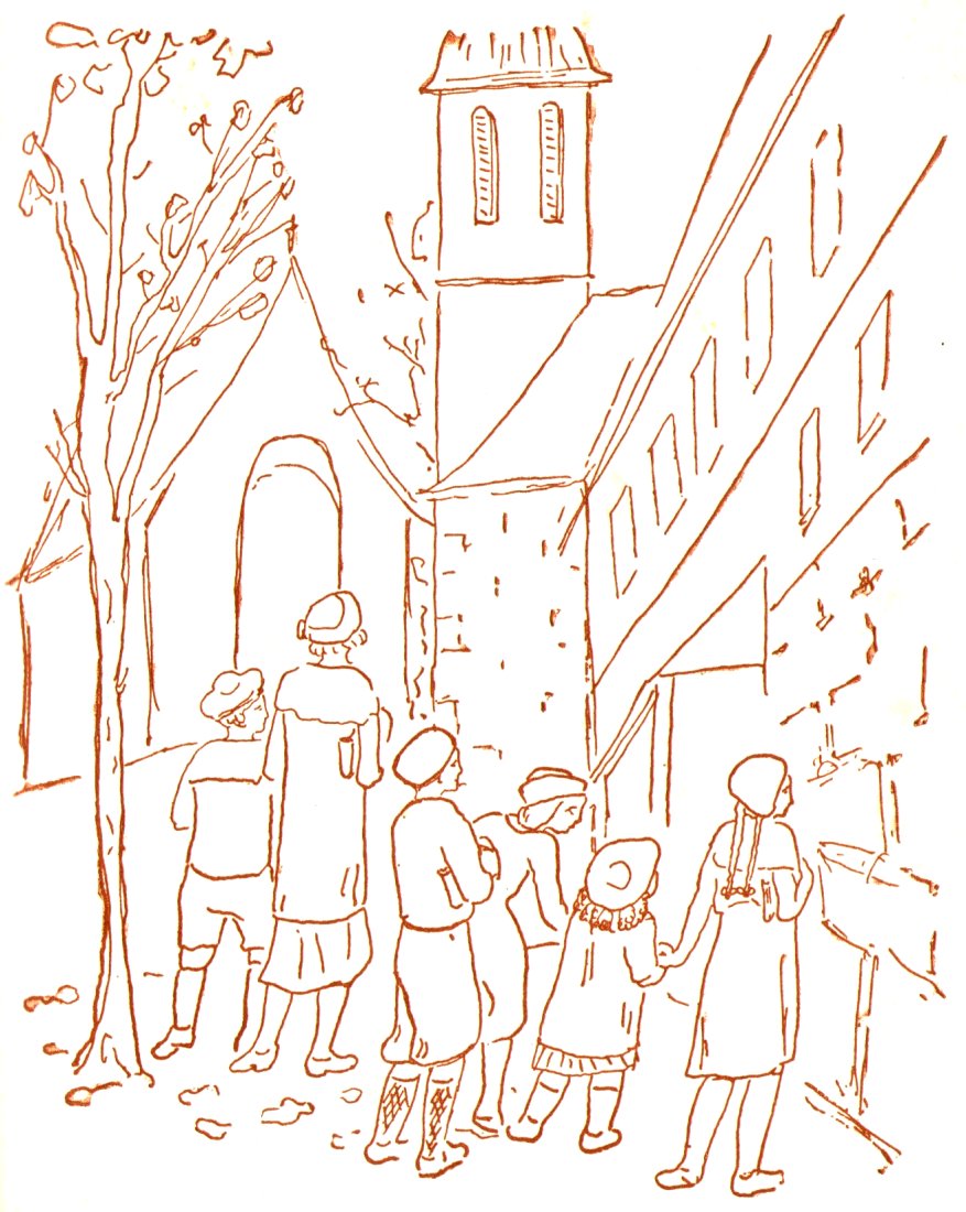 Maman et les enfants vont à la messe de la Toussaint