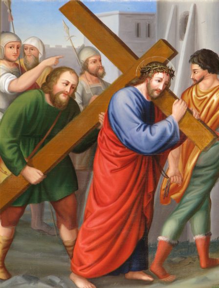 Simon de Cyrène aide Jésus à porter sa croix durant la montée au calvaire