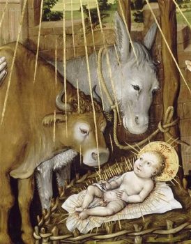 L'âne et le boeuf réchauffent l'Enfant Jésus