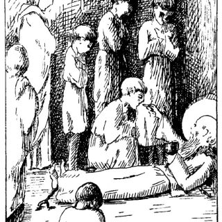 Saint Lucien célèbre la messe sur sa poitrine en prison