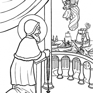 Coloriage pour les enfants - Saint Pie V et le chapelet et la Victoire de Lépante