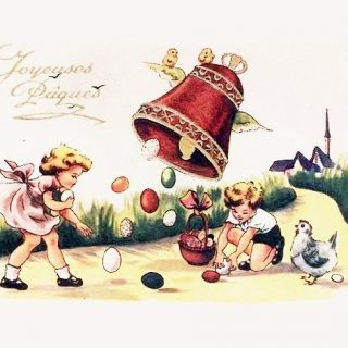Les enfants ramassent les oeufs de Päques ramenés par les Cloches