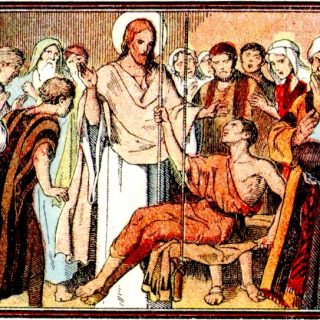 Au milieu, un paralytique qu'on a descendu par le toit. Près de lui, Jésus. Autour, les Juifs de Capharnaüm.