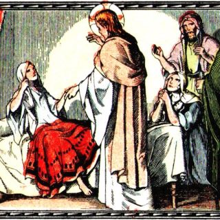 Au milieu, Jésus prend par la main une petite morte de douze ans, qu'il rend à ses parents éplorés.