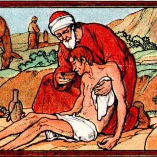 Le bon Samaritain prit de compassion pour le blessé