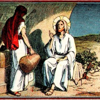 Jésus est assis. Près de lui, une femme de Samarie venant puiser de l'eau dans le puits de Jacob.
