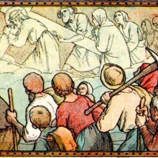 En haut, Jésus portant sa croix. — En bas, des hommes, des femmes et des enfants, portent aussi leurs croix de tous les jours.