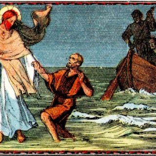 À droite, la barque. — À gauche, Jésus marchant sur les eaux. — Saint Pierre, qui s'enfonce, l'appelle à son secours.