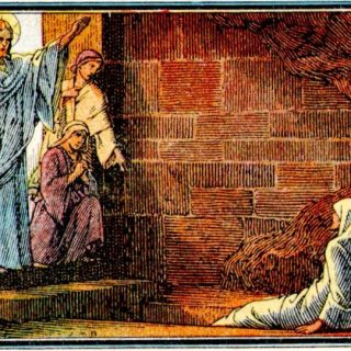 À gauche, Jésus, Marthe et Marie. — À droite, Lazare que le Seigneur ressuscite.