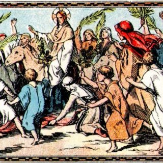 Jésus, monté sur une ânesse fait son entrée triomphale à Jérusalem, au milieu de la foule qui l'acclame
