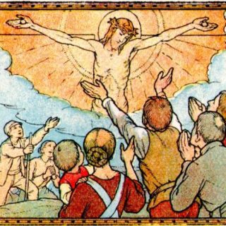 Jésus crucifié. — Autour de lui, les chrétiens arrivent, attirés par son amour.