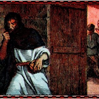À droite, on voit les apôtres à table. — À gauche, Judas s'en va, s'apprêtant à trahir Jésus.