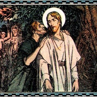 Le jardin de l'Agonie. — À gauche, la troupe qui vient pour arrêter Jésus. — Au premier plan, Judas, lui donne un baiser.