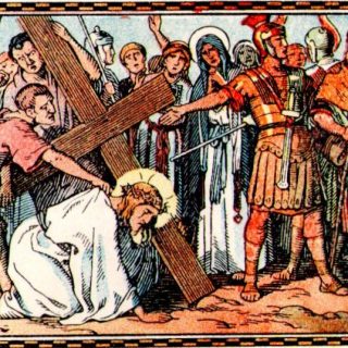 La foule des soldats entoure Jésus qui tombe. Près de lui, sa mère qui pleure.