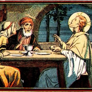 À droite, Jésus. — À gauche, les deux disciples rencontrés sur la route.