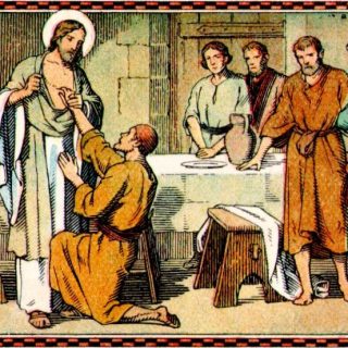 À droite, les Apôtres, à gauche, Thomas, qui avait voulu mettre son doigt dans les plaies du Sauveur.