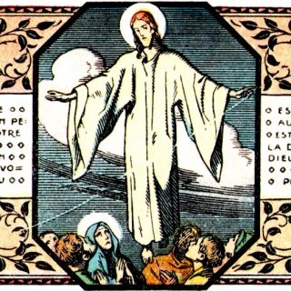 En bas, la Sainte Vierge, les Apôtres et les disciples. Jésus, lentement, remonte vers le ciel.