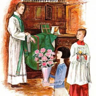 Prêtre s'habillant à la Sacristie pour la messe, avec son enfant de choeur