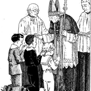 Coloriage de confirmation - l'évêque confirme des enfants